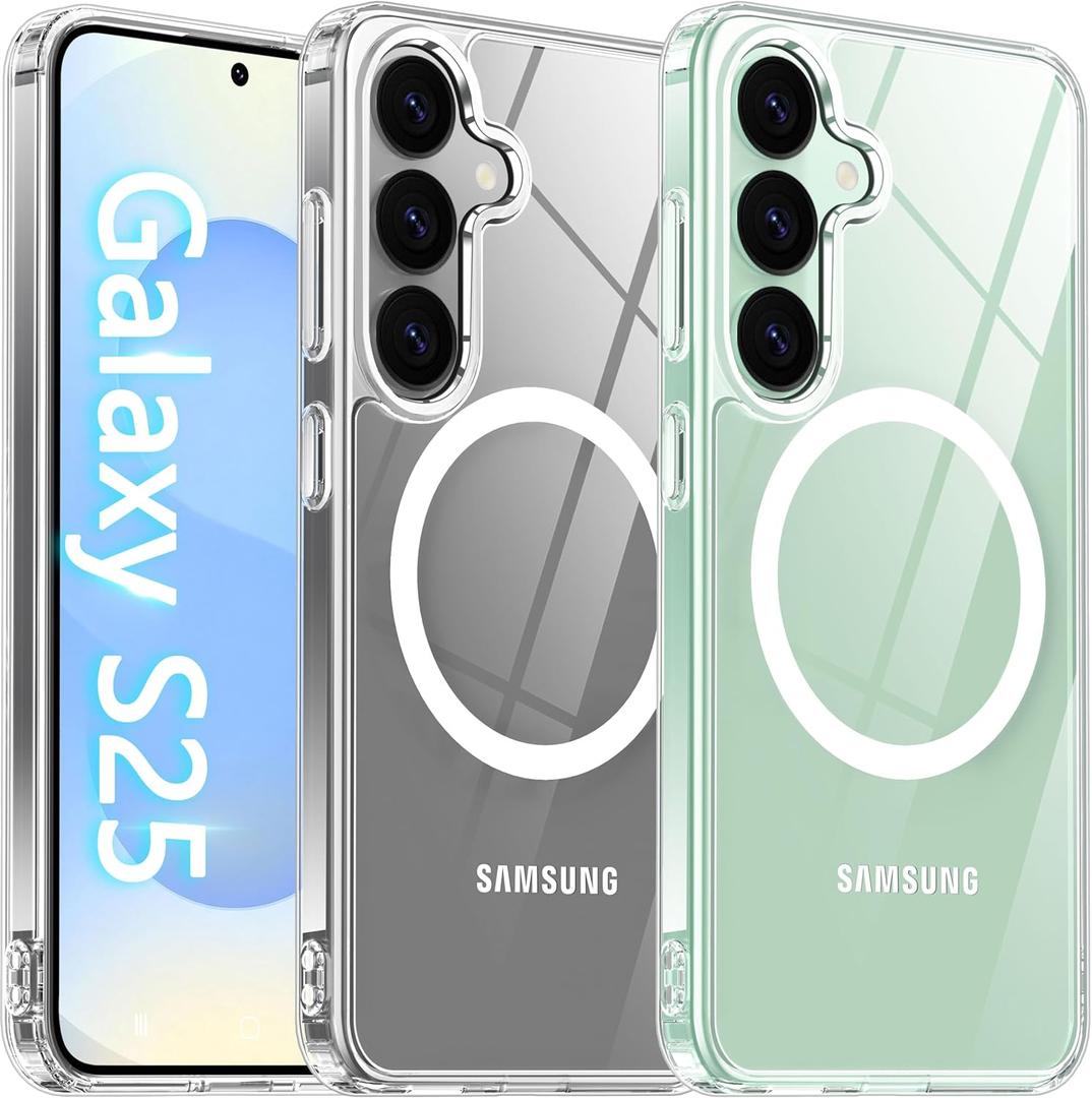 Oterkin Magnetic for Samsung Galaxy S25 Case Clear [Compatible with MagSafe][Anti-Yellowing][Built-in 4 Airbags][Military Grade Protection][Transparent Shockproof Slim] S25 Phone Case (Clear)