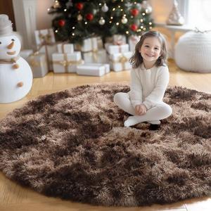 Amdrebio TieDyed Brown Round Circle Rugs 4Ft for Bedroom, Fluffy Shag Plush Area Rugs for Kids Room, Living Room Decor Aesthetic, Fuzzy Fur Throw Floor Carpet for Playroom Preppy Dorm Baby Nursery
