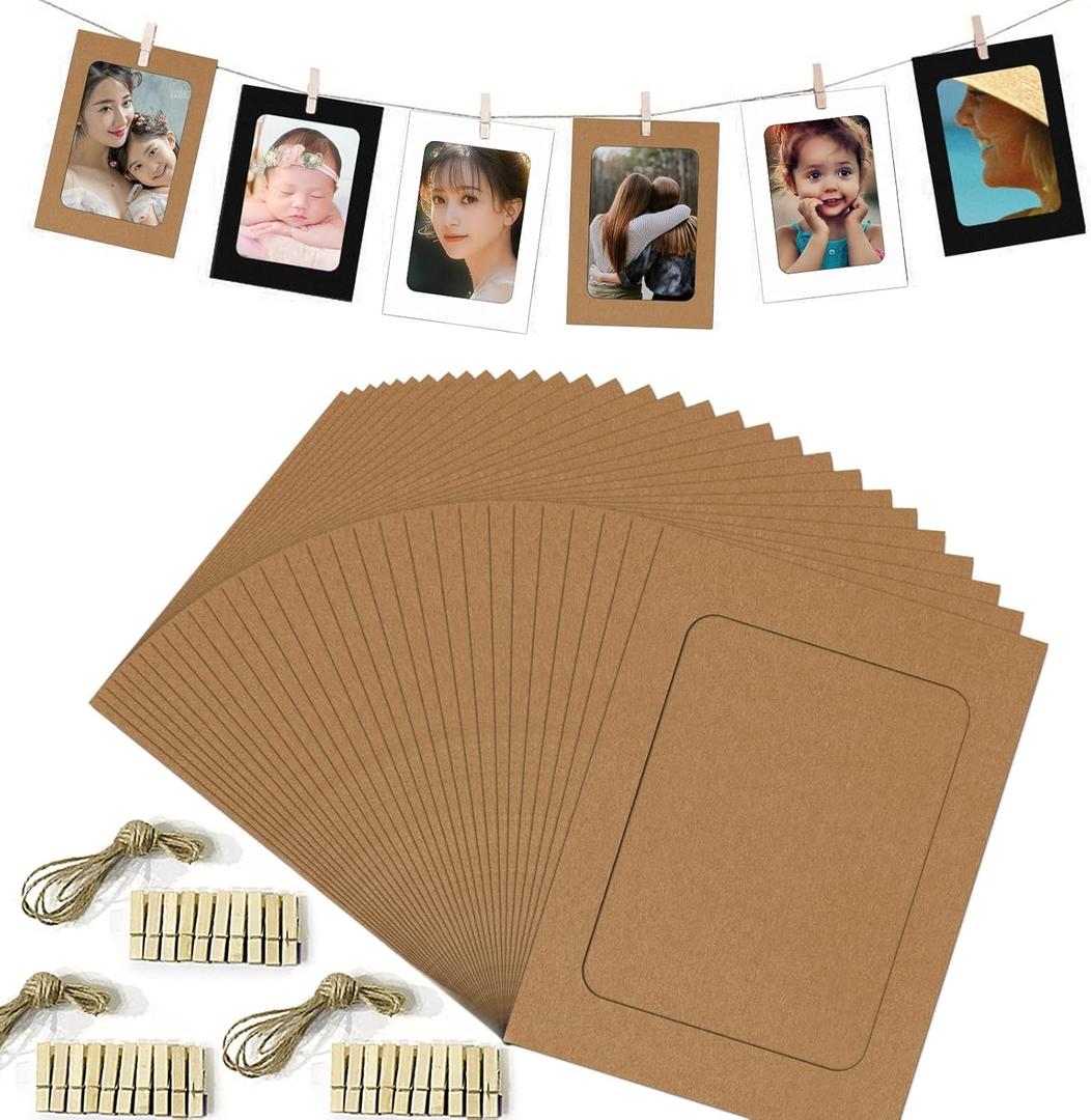 Paper Photo Frame,30pcs Kraft Hanging Picture Frames Display for 4x6in Photo,Cardboard Photo Frames 30 Clothespins with 3 Ropes for Home Wall Decor,School and Office Decor(4x6 Inch Kraft 30