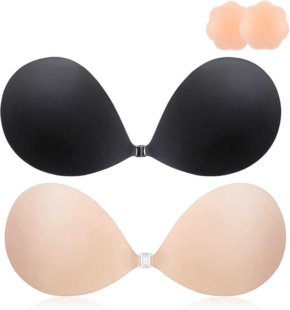 2025 Push Up Sticky Bra, 2 Pack Reusable Adhesive Invisible Backless Strapless Bra (Nude+black) C