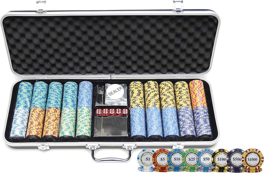 HAN'S DELTA Monte Carlo Poker Club Chip Set 14 Gram for Texas Hold'em, Blackjack, Casino Gambling with Black ABS Case, Cards, Dealer Button (Choose 300 or 500 Chips Set)