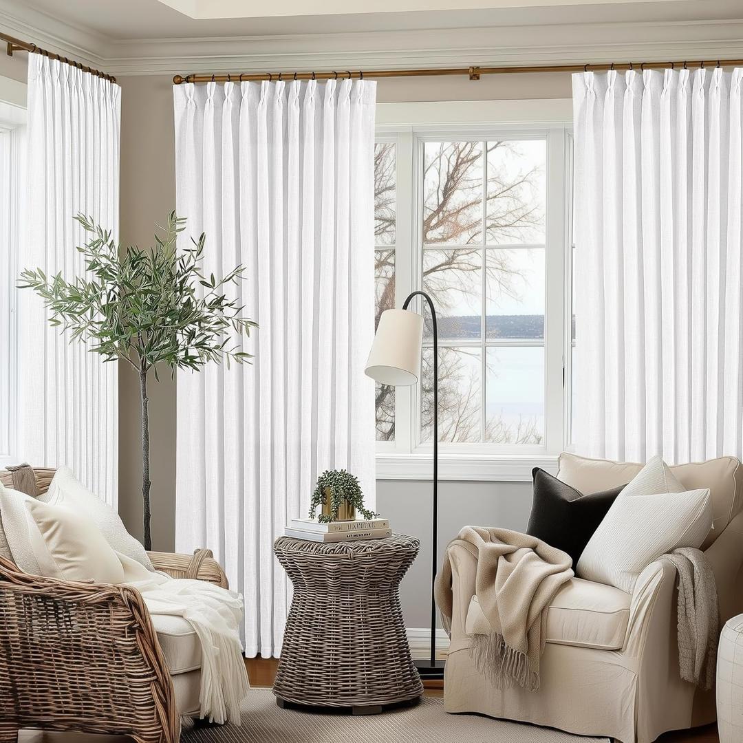 Extra Wide Pinch Pleated Linen Curtains 84 Inches Long 70 Inch Width for Living Room Bedroom Light Filtering Semi Sheer Pleat Window Curtain Boho Pinch Pleated Drape with Hooks Rings 1 Panel 70x84 (Snow White)
