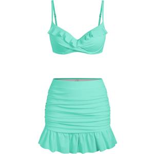 ZAFUL Women's Push Up Bikini with Ruched Skirt Ruffle Trim Low Waisted 2 Piece Swimsuit Bathing Suit (Large, 0-lake Blue)