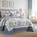 Oversized King Bedspreads 128"x120", 100% Cotton Floral California King Quilt Extra Large Coverlet, Lightweight Farmhouse Quilted Bedding Set 3 Piece, Blue/Cream White