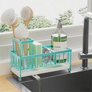 Cisily Sponge Holder for Kitchen Sink, Sink Caddy Organizer with High Brush Holder, Kitchen Countertop Organizers and Storage Essentials, Rustproof 304 Stainless Steel (Turquoise, 9.25)