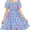 Cubear Ruffle Sleeve Dress for Girls Floral Short-Sleeves Smocked A-Line Dresses Kids Midi Casual Summer Spring Sundress (Blue)