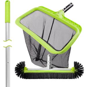 BoxedHome Swimming Pool Cleaning Kit with 10.5Ft Adjustable Aluminum Pole, 17.5" Rounded End Pool Brush Head & Deep Skimmer Net/Basket for Inground & Above Ground Pool