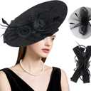 Dressfan Wide Brim Fascinator Derby Hats for Women,20s Detachable Flower Hat with Headband for Derby Church Wedding Tea Party (Black)