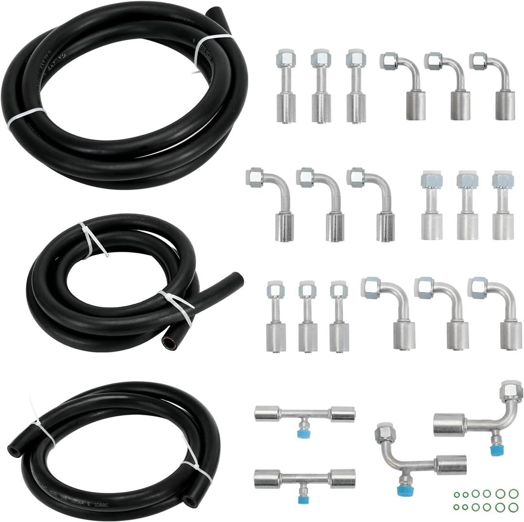 25PCS Air Conditioning Hose & Fitting Kit, Universal Air Conditioning Extended Length Hoses Includes 6.5ft #6#8#10 AC Hoses and #6#8#10 AC Fittings