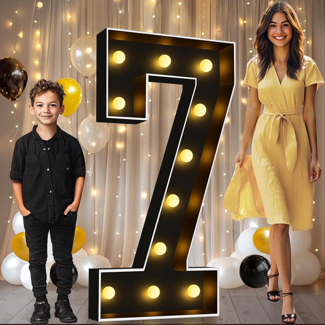 Pooqla 4 FT Light Up Marquee Numbers, Black Marquee Number Lights 4 Feet Tall for 7th 17th 70th Birthday, Giant Letter Big Mosaic Numbers for Balloons Party Anniversary Wedding Decorations, Number 7