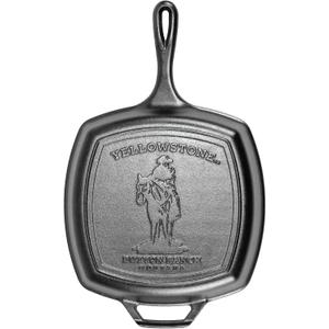 Lodge Pre-Seasoned Yellowstone Stamped Cast Iron Cookware - Signature Teardrop Handle & Assist Handle - Cowboy on Horseback 10.5 Inch Grill Pan