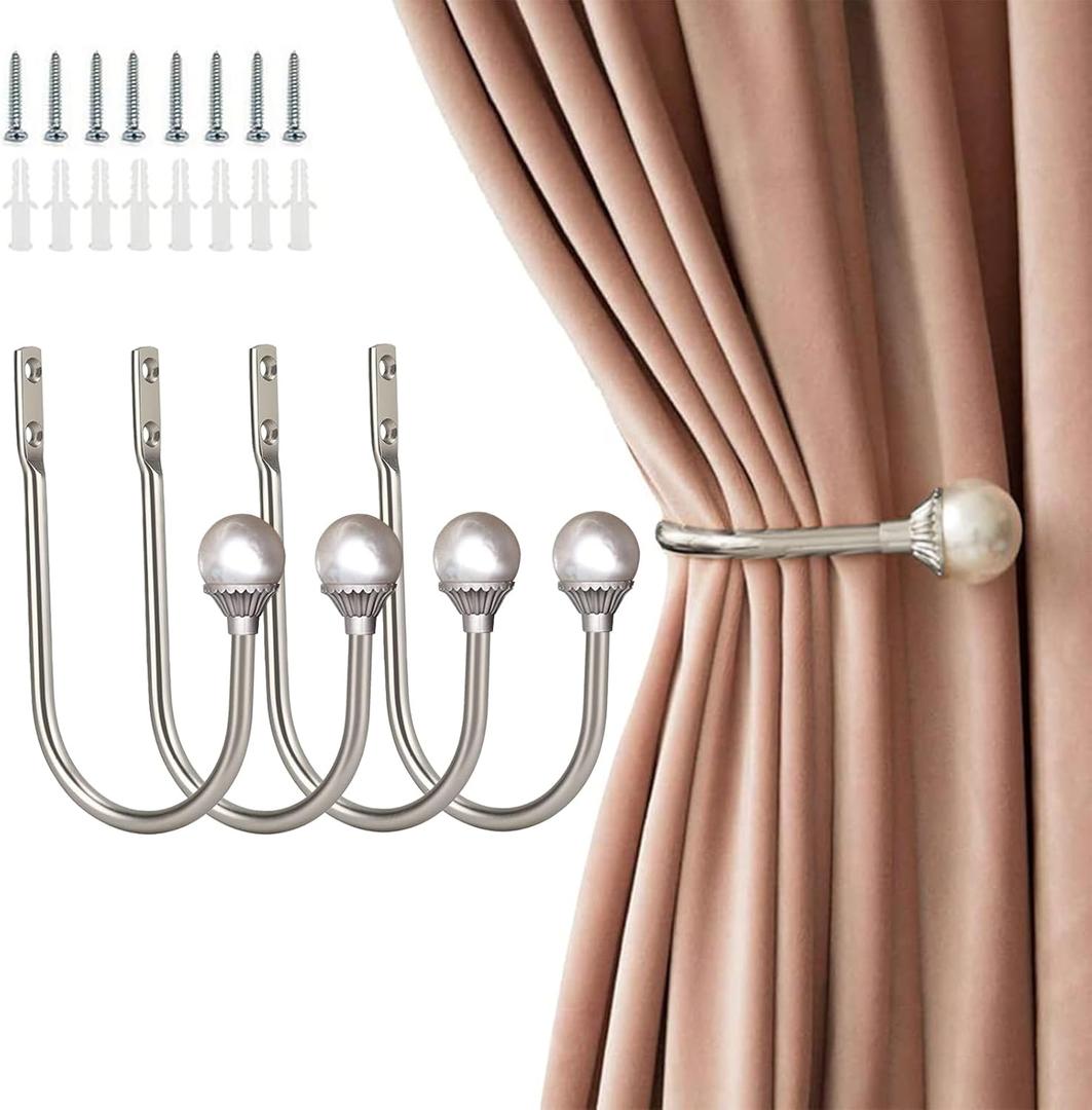 Coolnice 4 Pack Curtain Holdbacks Wall Mounted Curtain Tiebacks Hooks Plastic Pearl U Shape Curtain Tiebacks with Screws Curtain Ties for Home Office-Silver
