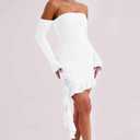 GOKATOSAU Women's Off The Shoulder Long Sleeve 3D Flower Ruffle Hem Bodycon Party Mini Dress White (Small, White)