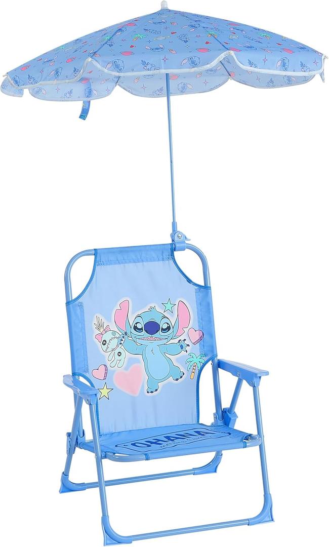 Disney Stitch Kids Beach Chair with Umbrella,Foldable Portable Toddler Chair with Armrests, Locking Mechanism & Sun Shade