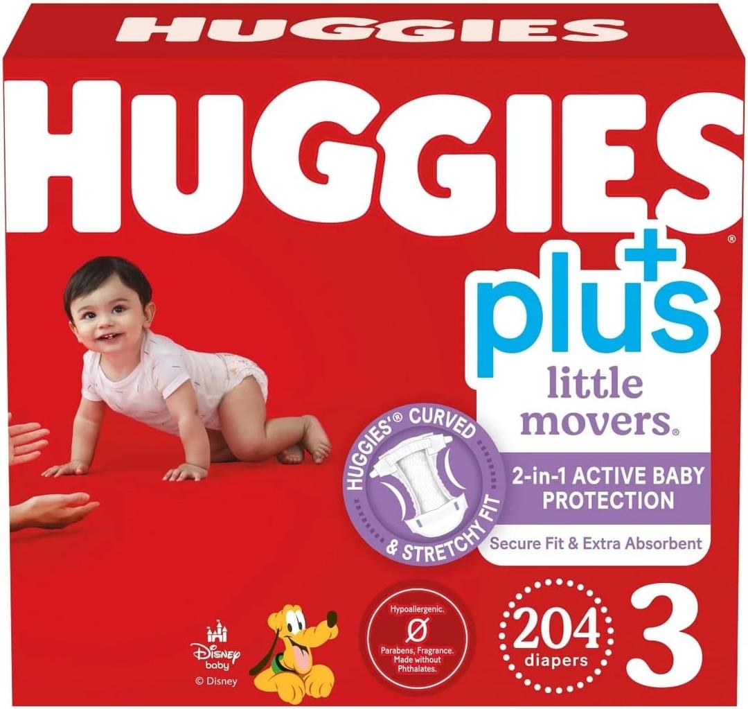 Huggies Plus Little Movers Diapers, Size 3, 204 Count, Disney Collection, 2-in-1 Active Baby Protection, Secure Fit, Extra Absorbent, 16-28 Pounds