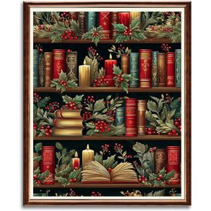 WRTCPOC Christmas Bookshelf Counted Cross Stitch Kits for Adults Christmas Flower Book Embroidery Kits Holiday Themed Pattern Cross Stitch 11CT DIY Needlepoint Embroidery Starter Kits
