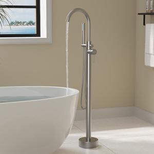 Freestanding Bathtub Faucet, Floor Mount Bathtub Faucet with 2 Water Outlet Mode, Swivel Gooseneck Spout with Hand Shower, Brass Single Handle Tub filler, Max Flow Rate 7.4 GPM,Brushed Nickel