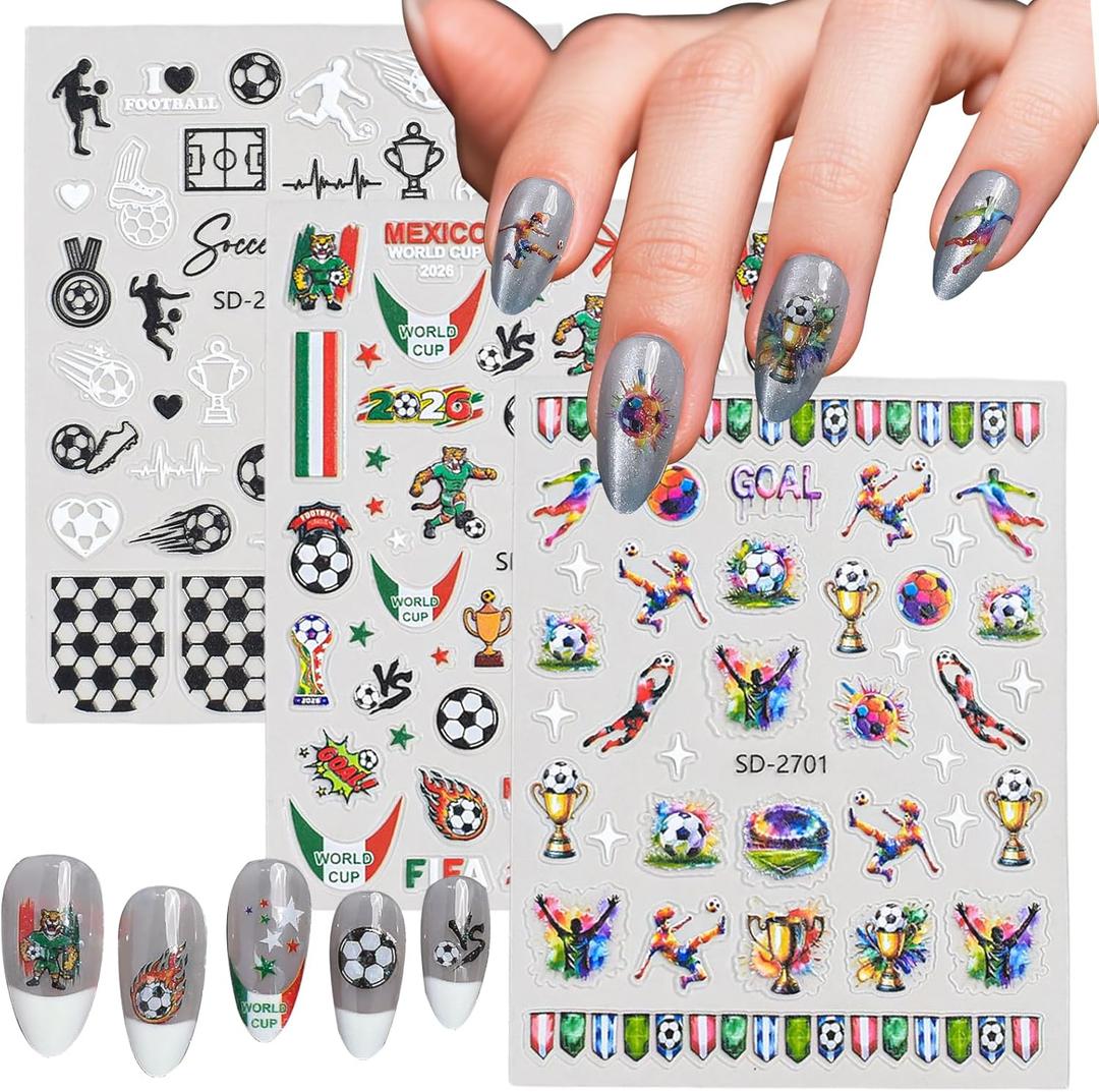 4 x World Cup Soccer Nail Art Stickers, 3 Sheets Colorful Football Player & Mexico,Trophy Nail Decals, Waterproof Self-Adhesive Game Day Nail Decorations for Women Girls Kids Sports Manicure