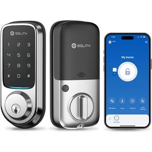 Solity No-Hub Smart Digital Door Lock, Designed in Korea, Keyless Entry, Wi-Fi, Remote Control, Touchscreen Keypad, Auto Lock, IP54 Waterproof GT10K Keypad (Satin Nickel)