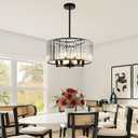 KELUOLY Farmhouse Drum Crystal Chandeliers, 5-Light Black Modern Round Ceiling Hanging Light Fixture, 17.7" Farmhouse Pendant Lighting for Bedroom Dining Room Kitchen Island Living Room Entryway Bar