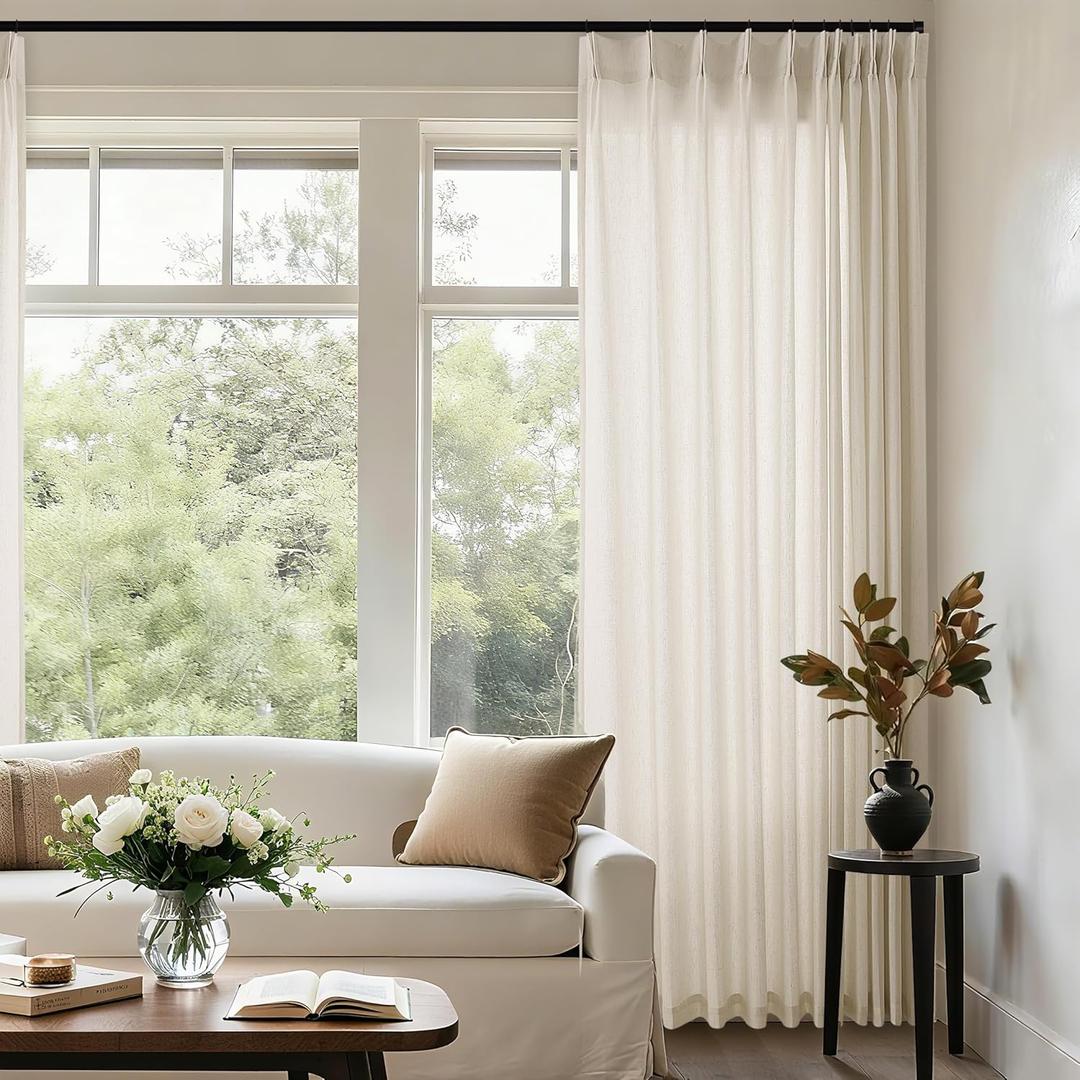 Sheer Linen Curtain 90 Inches Long 72 Inch Wide Pinch Pleated Curtain Drape for Patio Sliding Glass Door with Hooks Rings Cream Beige Oatmeal Semi Sheer Privacy Drapes for Living Dining Room 72x90