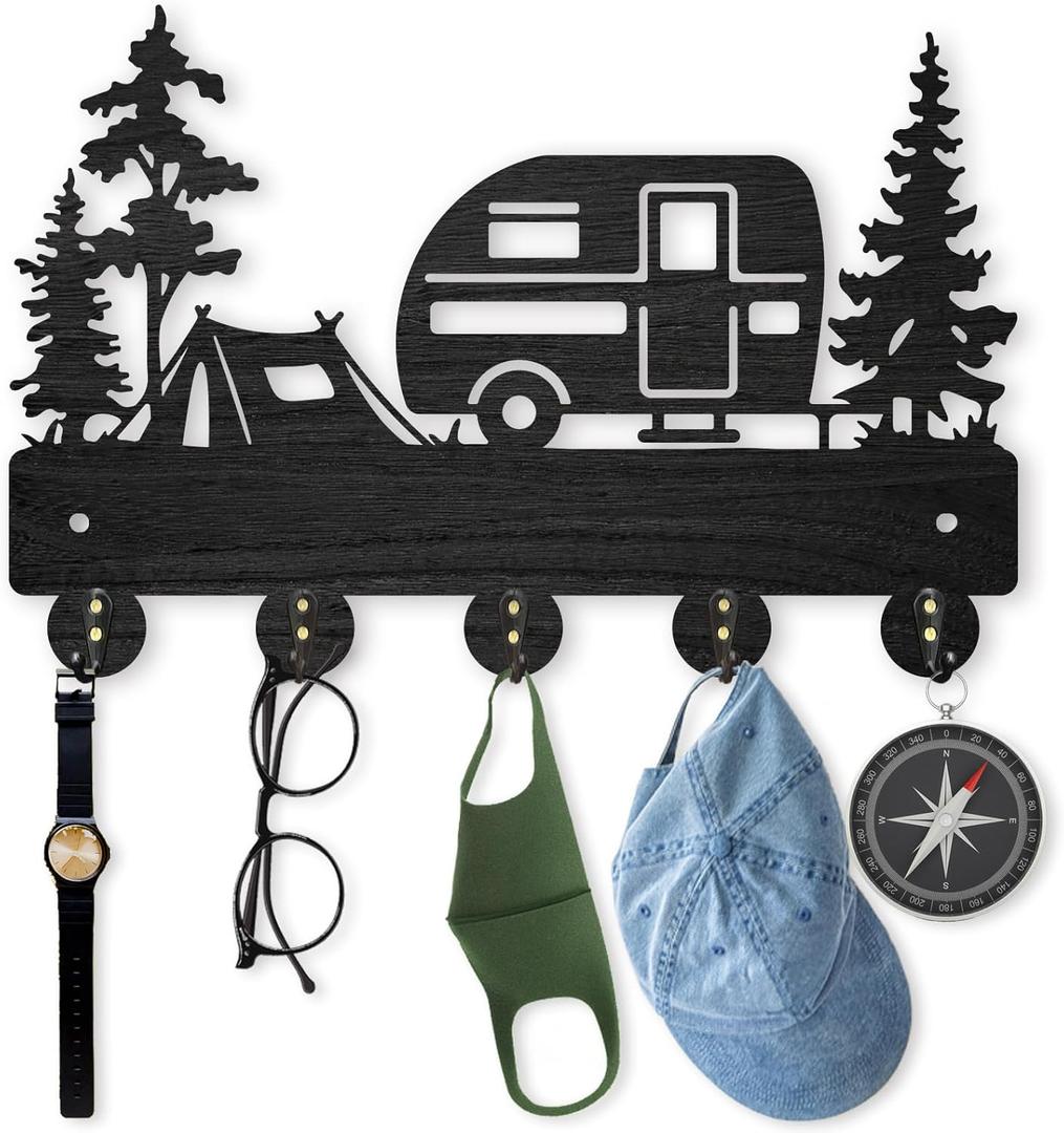 MAYJOYDIY Camping Wall Mount Coat Rack 11.88inch Wooden Camping Car Key Holder for Wall Outdoor Key Rack Hanger Forest Tree Key Hook 5 Alloy Hooks for Camping Decor Accessories Travel Trailers Gift