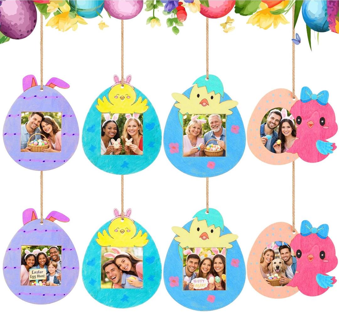 2 x Thyle 12 Pcs Easter Chicken Egg Picture Frame Craft Kits DIY Wooden Spring Chicken Egg Photo Craft Decorative Ornaments for Easter Class Game Activities Gifts