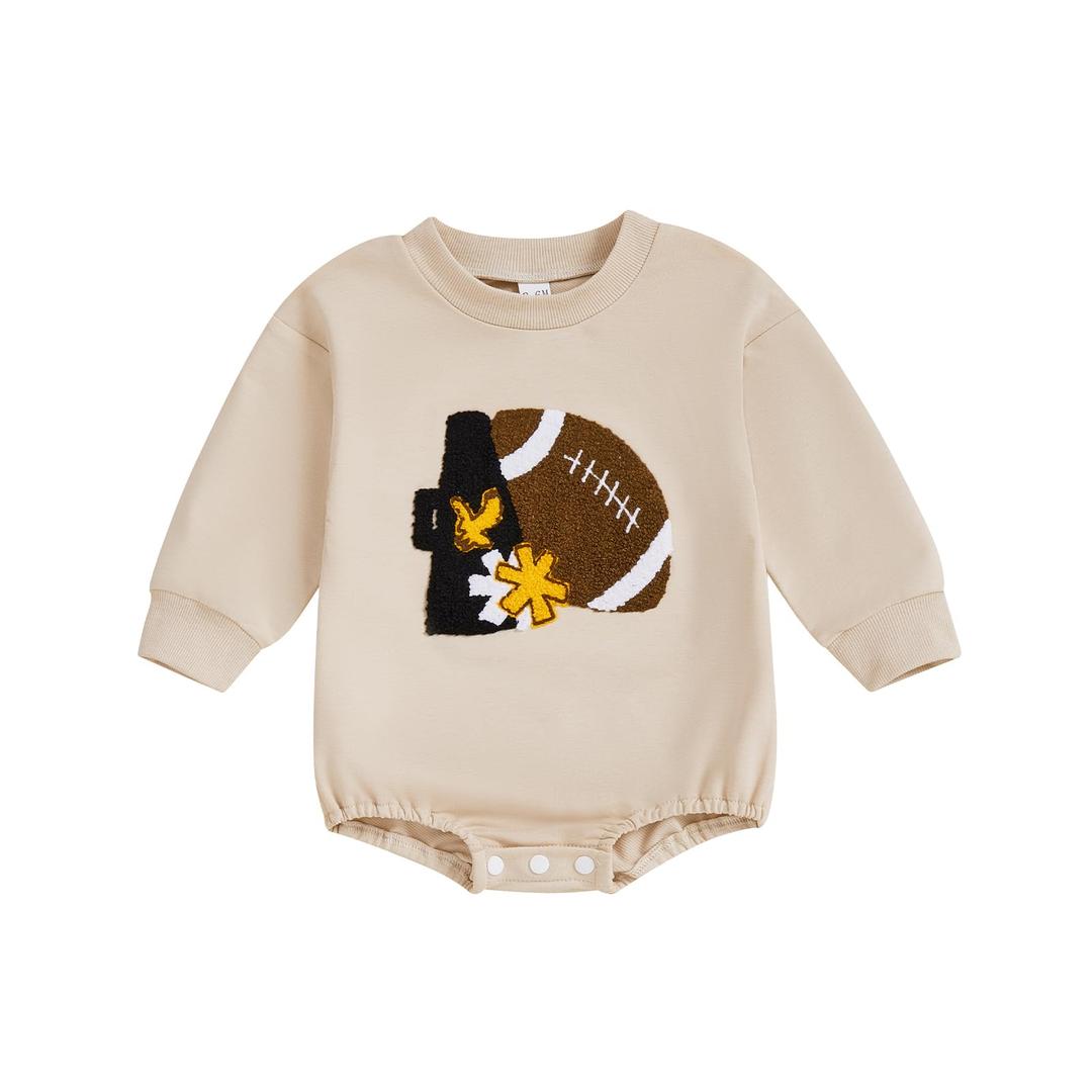 Kuriozud Newborn Baby Boy Girl Football Outfit Game Day Sweatshirt Romper Bubble Romper Top Infant Fall Winter Clohtes Football Eagle Beige, 12-18 Months (Beige)
