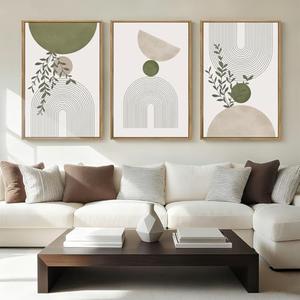 ANHUIB Boho Abstract Wall Art Canvas, Sage Green Wall Decor Framed, Geometric Line Art Prints Leaves, Minimalist Artwork Botanical, 3 Piece 24x36In Beige Nature Painting for Living Room Bedroom