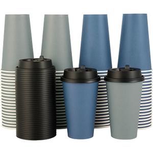 LITOPAK 100 Pack 16 oz Disposable Paper Coffee Cups with Lids for Coffee, Water, Juice, or Tea, Blue and Gray Hot Paper Cups for Home, Restaurant, Store, and Cafe