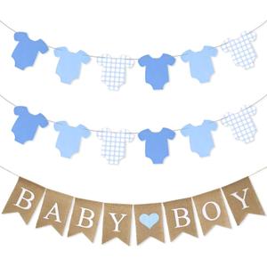 3 Pcs Baby Clothes Banner Blue Bodysuit Banner Boy Baby Shower Decorations Clothesline Banners for Gender Reveal Birthday Party Paper Decor Supplies