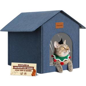 Outdoor Cat House Weatherproof, Insulated Cat Dog Houses for Outdoor/Indoor Cats for Winter, Waterproof Feral Stray Cat Shelter with Door Curtain and Warm Cushion, Easy to Assemble, Navy Blue