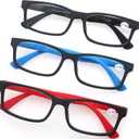 MODFANS Reading Glasses Men Women 2.0 Strength Readers Eyeglasses Square Matte Comfort Feel Spring Hinge 3 Pack Mix Color Black Red Blue