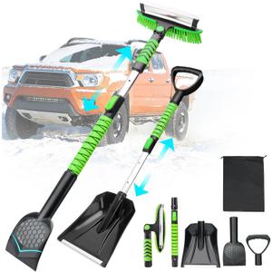 43.3'' Snow Shovel & Snow Brush with Ice Scrapers for Car Windshield,5-in-1 Extendable Thicken Aluminum Tube,180 Pivoting Brush Head & Foam Grip for Christmas, Cars, Trucks, SUVs, Vehicle Green