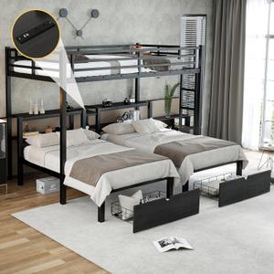 Heavy Duty Triple Bunk Bed with Storage Drawers, Shelves, Triple Bed with Charging Station, Full XL Over Twin Over Twin Triple Bunk for Kids, Teens, Black Triple Bunk Bed Heavy Duty Triple Bunk Bed with Storage Drawers, Shelves, Triple Bed with Charging Station, Full XL Over Twin Over Twin Triple Bunk for Kids, Teens, Black Triple Bunk Bed
