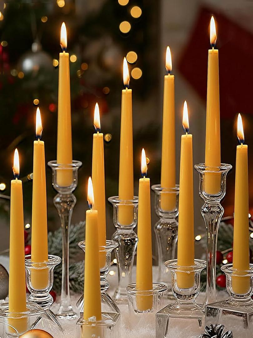 24 Pack Beeswax Taper Candles, 7 inch Dripless and Smokeless All Natural Beeswax Candles Sticks, 7 Hours Burning Time Meditation Candle, Nontoxic Unscented Bee Wax Candle for Home (Yellow)