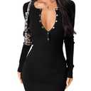 OQQ Long Sleeve Mini Dress Women Ribbed Tummy Control Club Party Dresses 2025 Fall Winter Staple Black S