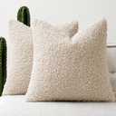 Woaboy Faux Fur Throw Pillow Covers 18x18 Inch Set of 2 Boucle Neutral Decorative Sherpa Fuzzy Accent Soft Sheepskin Fleece Cushions Modern Home Decor for Couch Sofa Bed Living Room,Beige