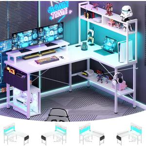 Aheaplus L Shaped Gaming Desk with Power Outlets & LED Lights, Small L- Shaped Desk Computer Corner Desk with Monitor Stand & Storage Shelf, Home Office Desk Writing Desk with Storage Bag, White (49Inch)
