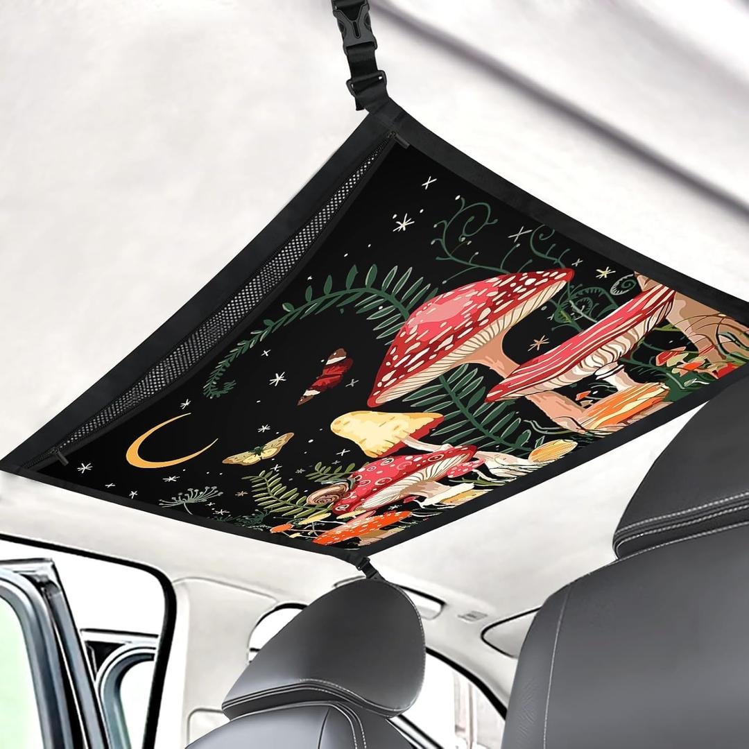 Mushroom Galaxy Car Storage Mesh Organizer Ceiling Cargo Net Double-Layer Adjustable Zipper Truck SUVs Travel Road Trip Essentials etc. Interior Organizer