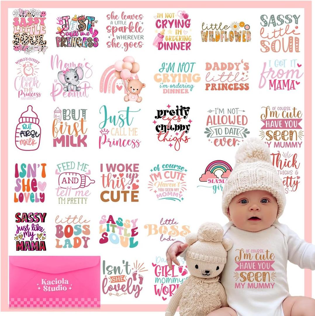 Kaciola 30 Sheets Baby Shower Games Iron on Transfers, Baby Girl DTF Transfers Ready to Press Bodysuit Making Stickers Iron on Decals for T Shirts Hoodie DIY Crafts (Girl)