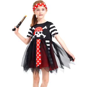 IKALI Girls Pirate Dress with Accessories, Kids Toddlers Pirate Costume Buccaneer Fancy Dress Outfit (8-10 Years)