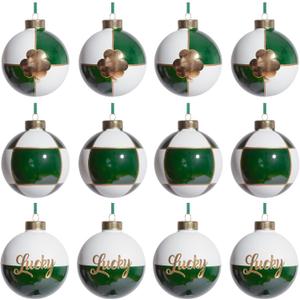 DN DECONATION St. Patrick's Day Ornaments Set of 12, Shamrock Tree Ornaments for Irish Holiday Decorations, White Green Gold Plaid Glass Balls with Lucky Clover for Small Tree Hanging Decor