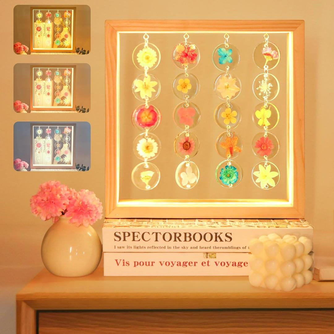 Handmade Dried Flower LED Cute lamp, 3 Way Dimmable Cute Pressed Flower Bedside Lamp with Wooden Frame for Wooden Frame, Ideal for Desk, Table, Bedroom, Living Room, Office