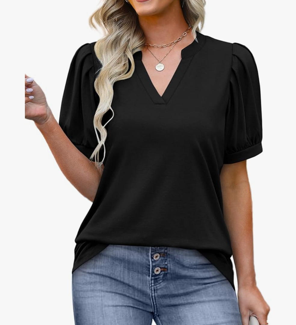 OFEEFAN Women's Pleated Puff Sleeve Tops Summer V Neck Tunic Shirts Loose Curved Hem Blouses Dressy Casual S