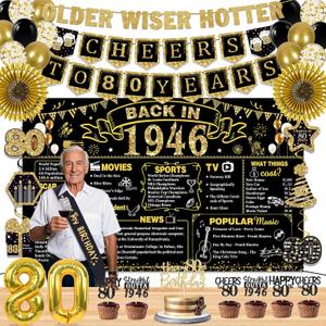 80th Birthday Decorations for Men Women, 36 Pcs Back in 1946 Birthday Party Decorations, Black Gold Happy 80th Banner,Vintage 80th Birthday Table Decorations ,Cake Topper, Sash Party Supplies