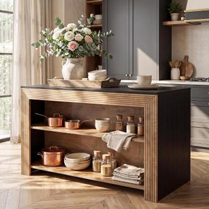 LITTLE TREE Kitchen Island with Storage, 55 Inch Island, Modern Farmhouse Kitchen Counter, Fluted Reeded Frame Open Shelves Prep Workstation, Black and Brown, 55.12" W x 27.56" D