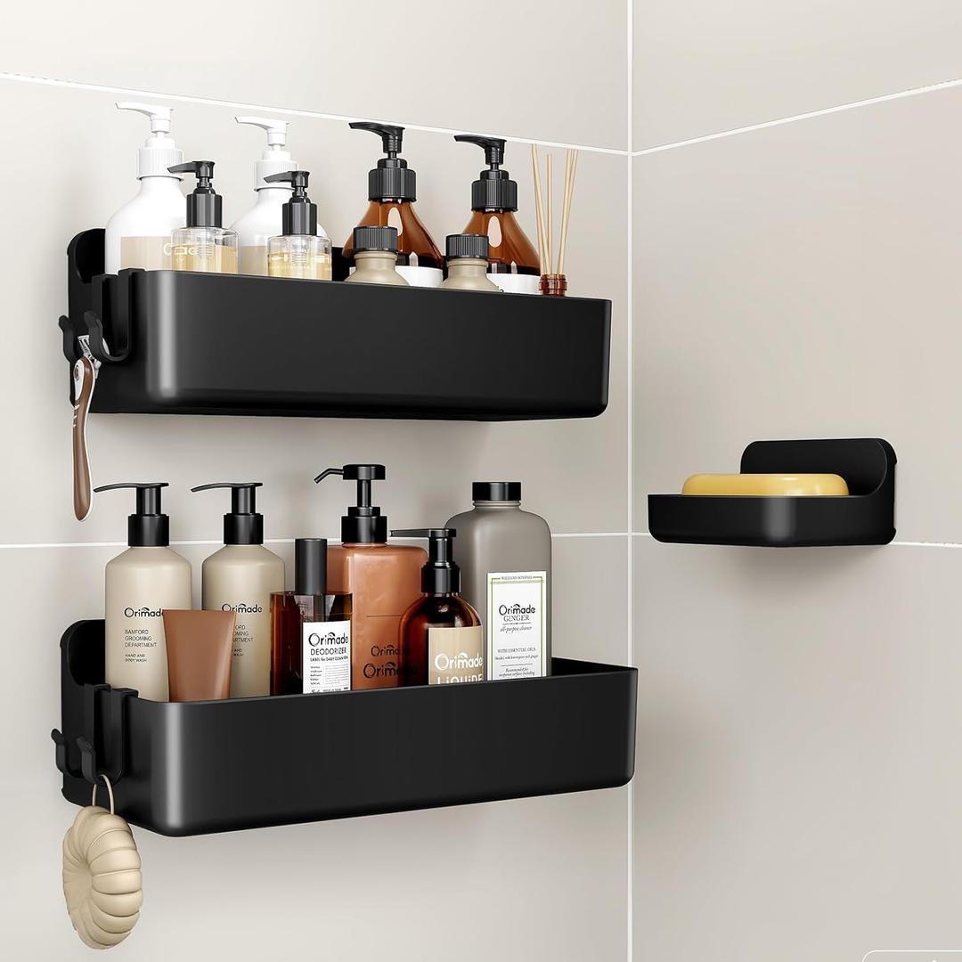Orimade Shower Caddy 3-Pack, No-Drill Adhesive Shelves with 4 Hooks for Bathroom, Rustproof ABS Plastic Storage Organizer Set, Black