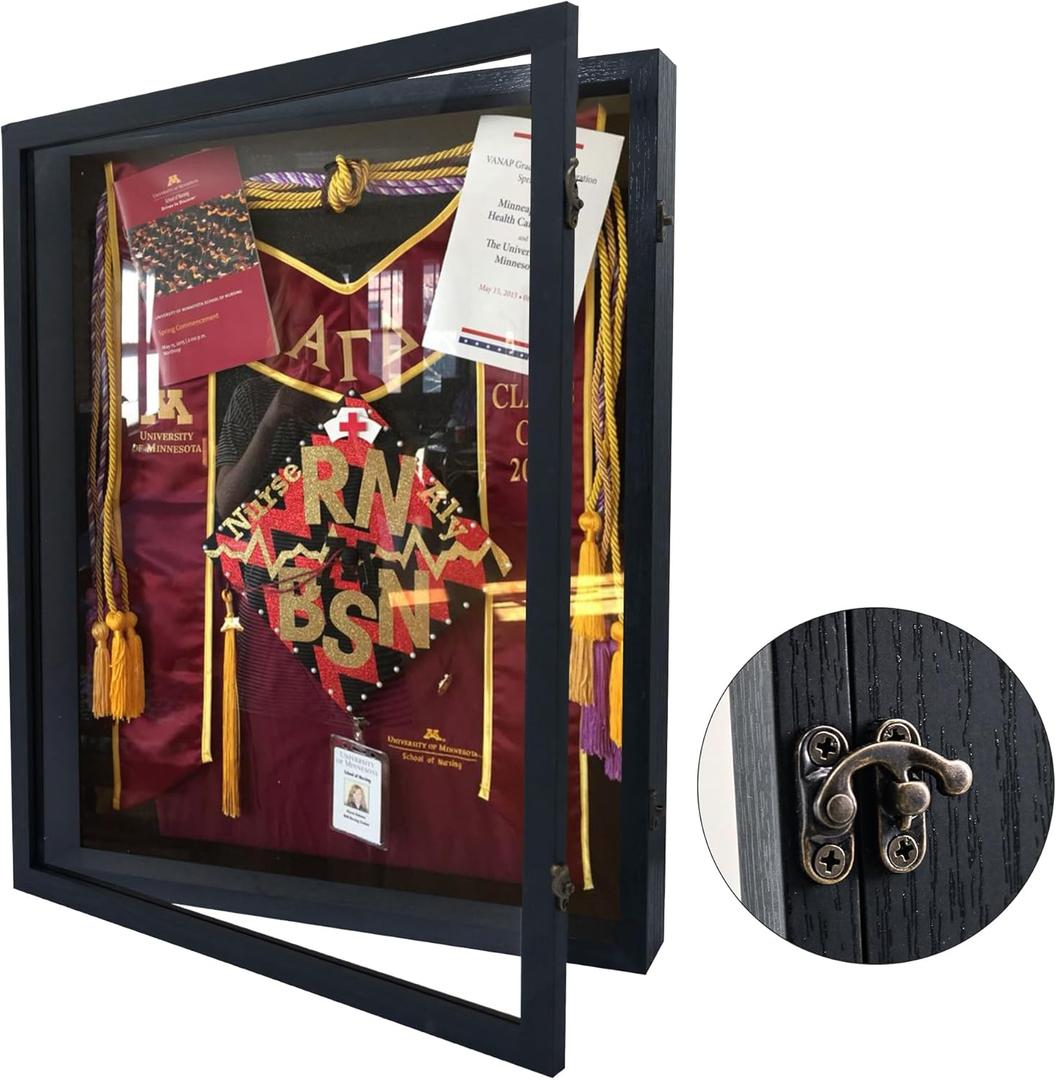 16x20 Graduation Shadow Box Frame, Large Graduation Frames with Glass Window, Metal Lock, Memory Box for Graduation Keepsake, Cap and Gown Black