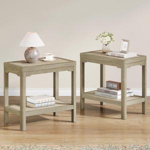 Rattan Night Stand Set of 2 - Farmhouse 2 Tier End Table for Living Room - Accent Side Table wtih Open Storage Shelves for Small Space Coffee Table, Light Oak